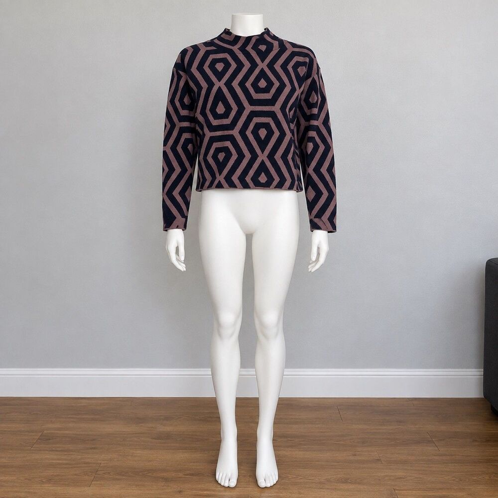 Anthropologie Maeve Carys Mock Neck Sweater S Brown Black Geometric Retro Mod